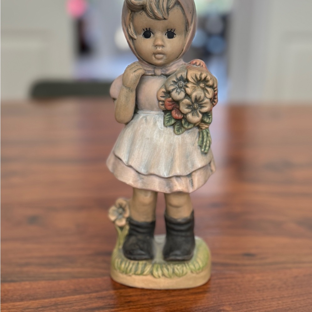 Vintage Hummel Style Ceramic Girl With Flowers Figurine Large
